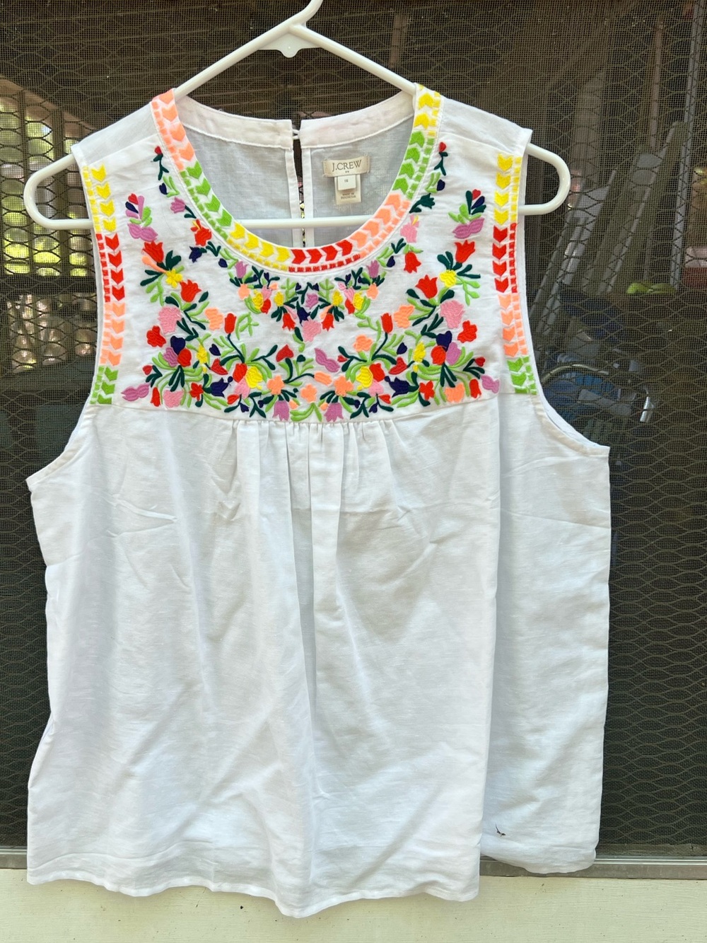 NWT J. Crew White Sleeveless Cotton Top with Multicolor Floral Embroidery